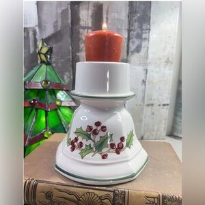 Sango Festive Vintage 5 inch Holly Berry Pillar Candle Holder White Christmas